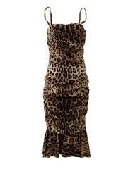 Dolce & Gabbana Brown Leopard Print Ruched Midi Dress - Dresses