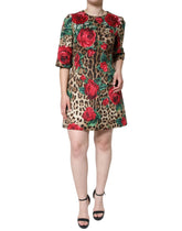 Dolce & Gabbana Brown Leopard Red Roses Cotton A-line Dress - IT40|S - Dresses