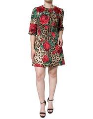 Dolce & Gabbana Brown Leopard Red Roses Cotton A-line Dress - IT40|S - Dresses