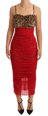Dolce & Gabbana Brown Leopard Red Tulle Sheath Midi Dress - IT36 | S - Dresses