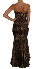 Dolce & Gabbana Brown Leopard Silk Chiffon Ruched Mermaid Maxi Dress - IT42|M - Dresses