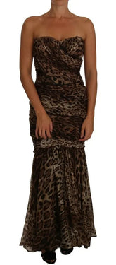 Dolce & Gabbana Brown Leopard Silk Chiffon Ruched Mermaid Maxi Dress - IT42|M - Dresses