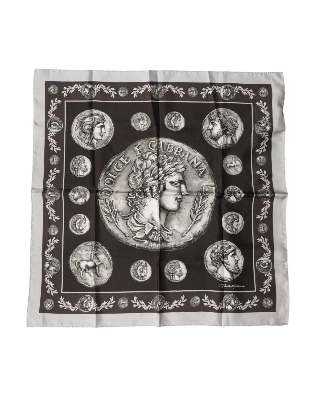 Dolce & Gabbana Brown Roman Coin Print Silk Square Foulard Scarf - Scarves & Shawls