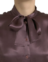 Dolce & Gabbana Brown Silk Ascot Collar Long Sleeve Blouse Top - IT42|M - Blouses