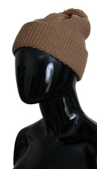 Dolce & Gabbana Brown Solid Knitted Fur Ball Winter Beanie Hat - Beanies