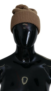 Dolce & Gabbana Brown Solid Knitted Fur Ball Winter Beanie Hat - Beanies