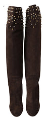 Dolce & Gabbana Brown Suede Studded Knee High Shoes Boots - EU39/US8.5