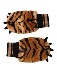 Dolce & Gabbana Brown Tiger Knitted Fur Wrist Mitten One Size Gloves - One Size