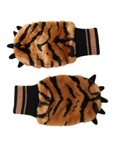 Dolce & Gabbana Brown Tiger Knitted Fur Wrist Mitten One Size Gloves - One Size