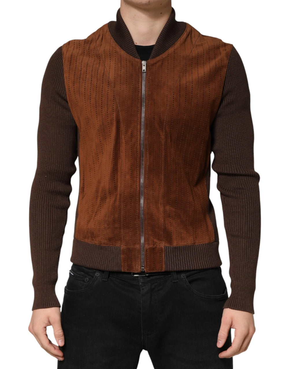 Dolce & Gabbana Brown Velvet Calfskin Full Zip Biker Jacket - IT50 | L
