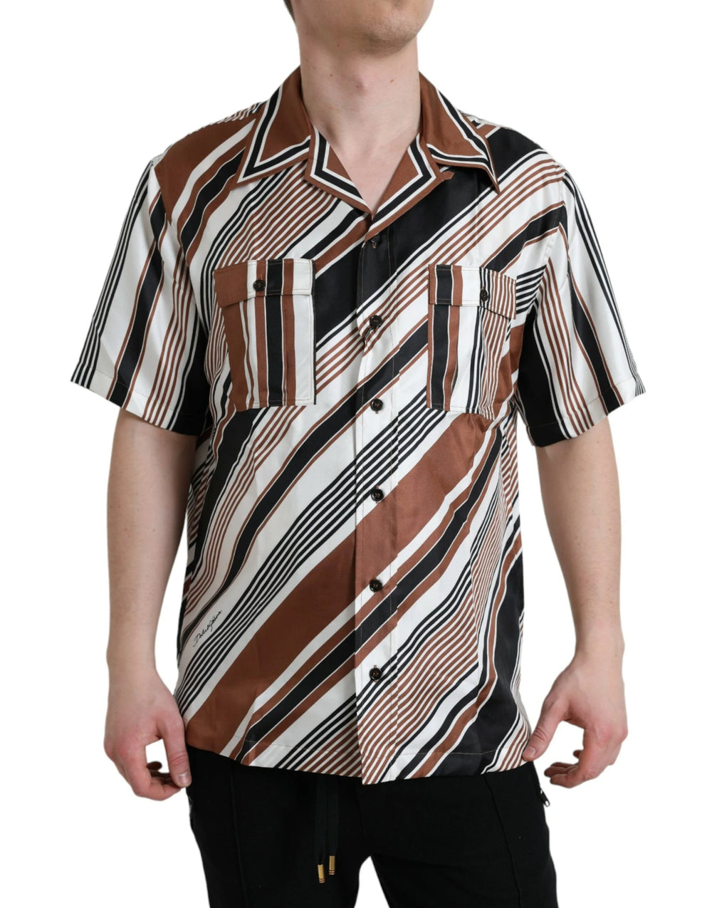 Dolce & Gabbana Brown White Silk Striped Short Sleeve Shirt - Shirts