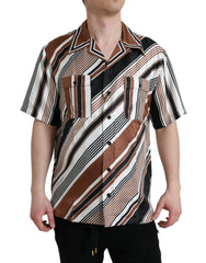 Dolce & Gabbana Brown White Silk Striped Short Sleeve Shirt - Shirts