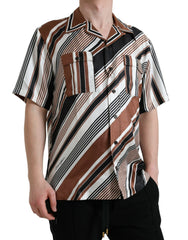Dolce & Gabbana Brown White Silk Striped Short Sleeve Shirt - Shirts