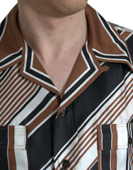 Dolce & Gabbana Brown White Silk Striped Short Sleeve Shirt - Shirts