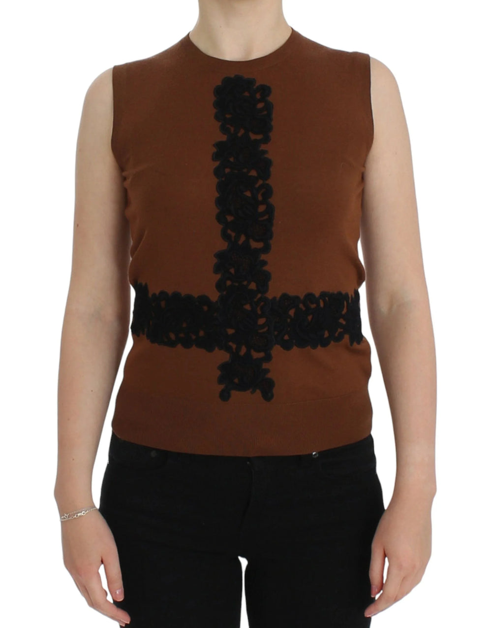 Dolce & Gabbana Brown Wool Black Lace Vest Sweater Top - IT38|XS - Sweaters