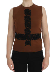 Dolce & Gabbana Brown Wool Black Lace Vest Sweater Top - IT38|XS - Sweaters