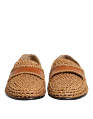 Dolce & Gabbana Brown Woven Raffia Slip On Loafers Shoes - Flats