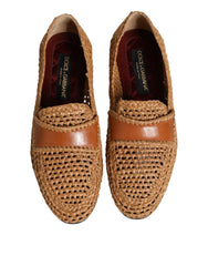 Dolce & Gabbana Brown Woven Raffia Slip On Loafers Shoes - Flats