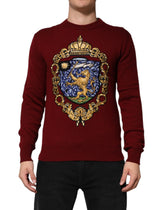 Dolce & Gabbana Burgundy Cashmere Lion Crest Pullover Sweater - Sweaters