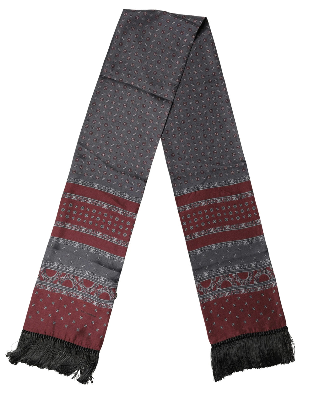 Dolce & Gabbana Burgundy Gray Patterned Fringe Foulard 141cm X 15.5cm Scarf