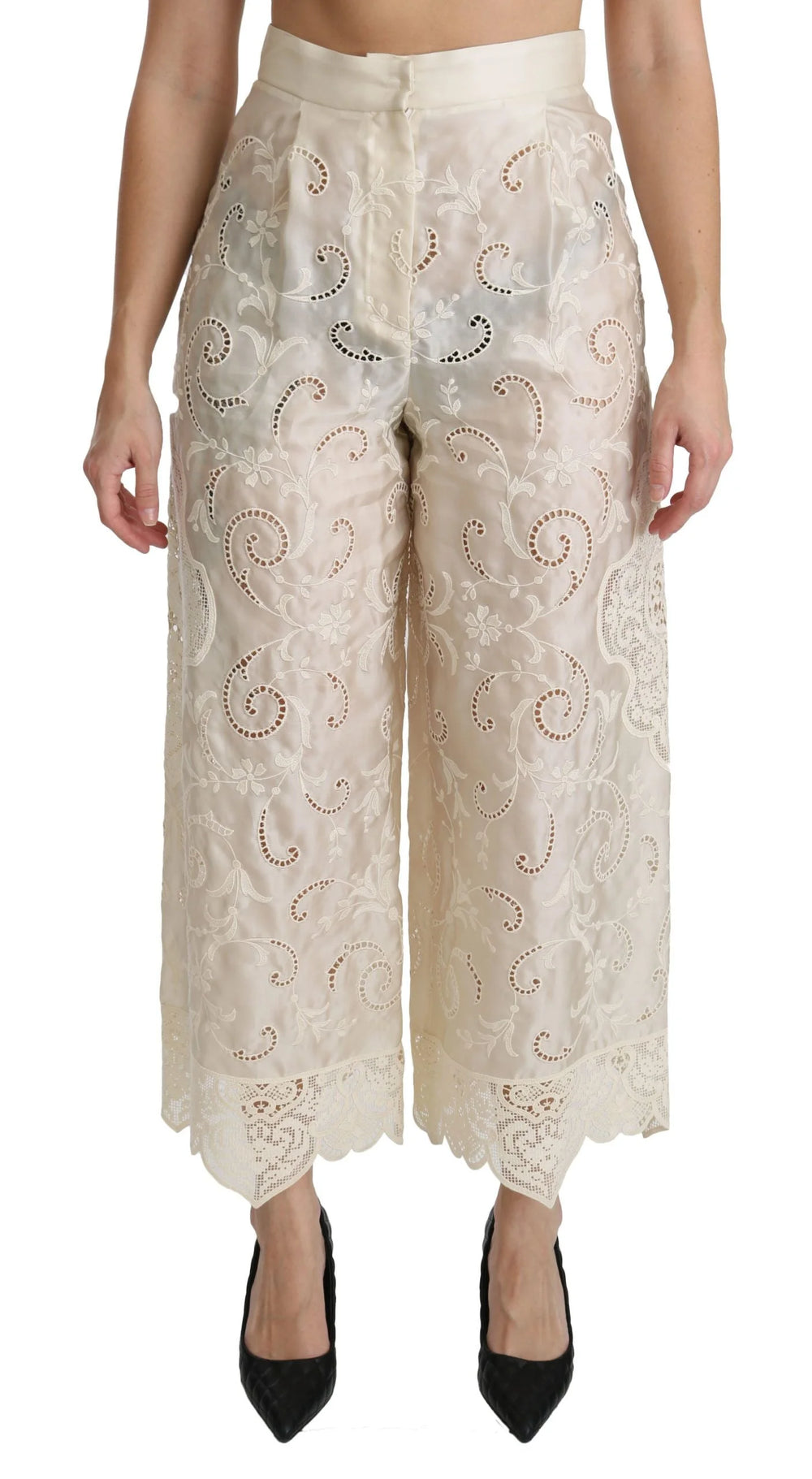 Dolce & Gabbana Cream Lace High Waist Palazzo Cropped Pants - Trousers
