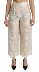 Dolce & Gabbana Cream Lace High Waist Palazzo Cropped Pants - Trousers
