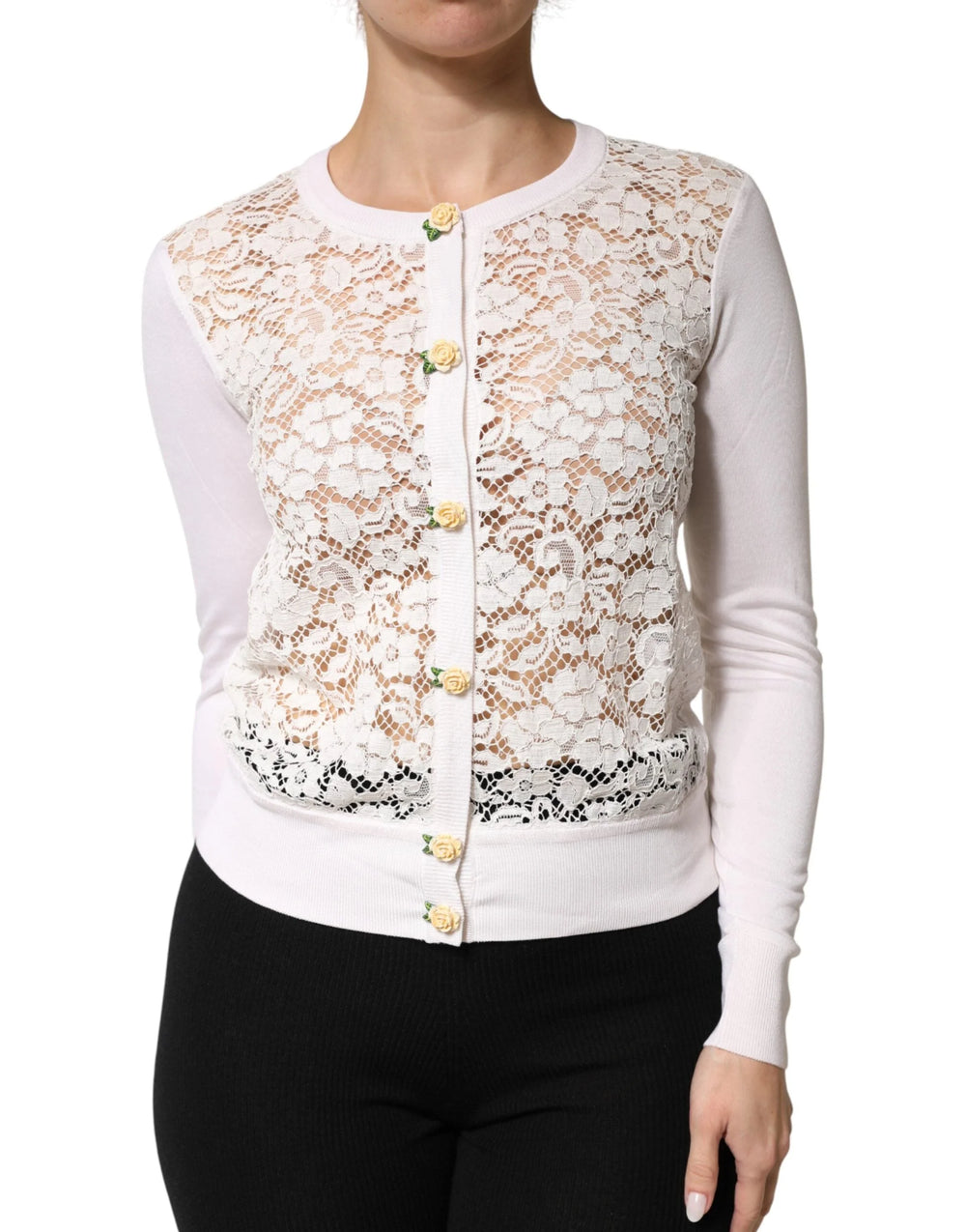 Dolce & Gabbana Cream Lace Knit Rose Button Cardigan Sweater - IT36|XXS