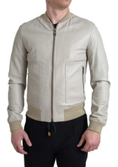 Dolce & Gabbana Cream Leather Bomber Blouson Full Zip Jacket - IT48 | M - Bomber Jackets