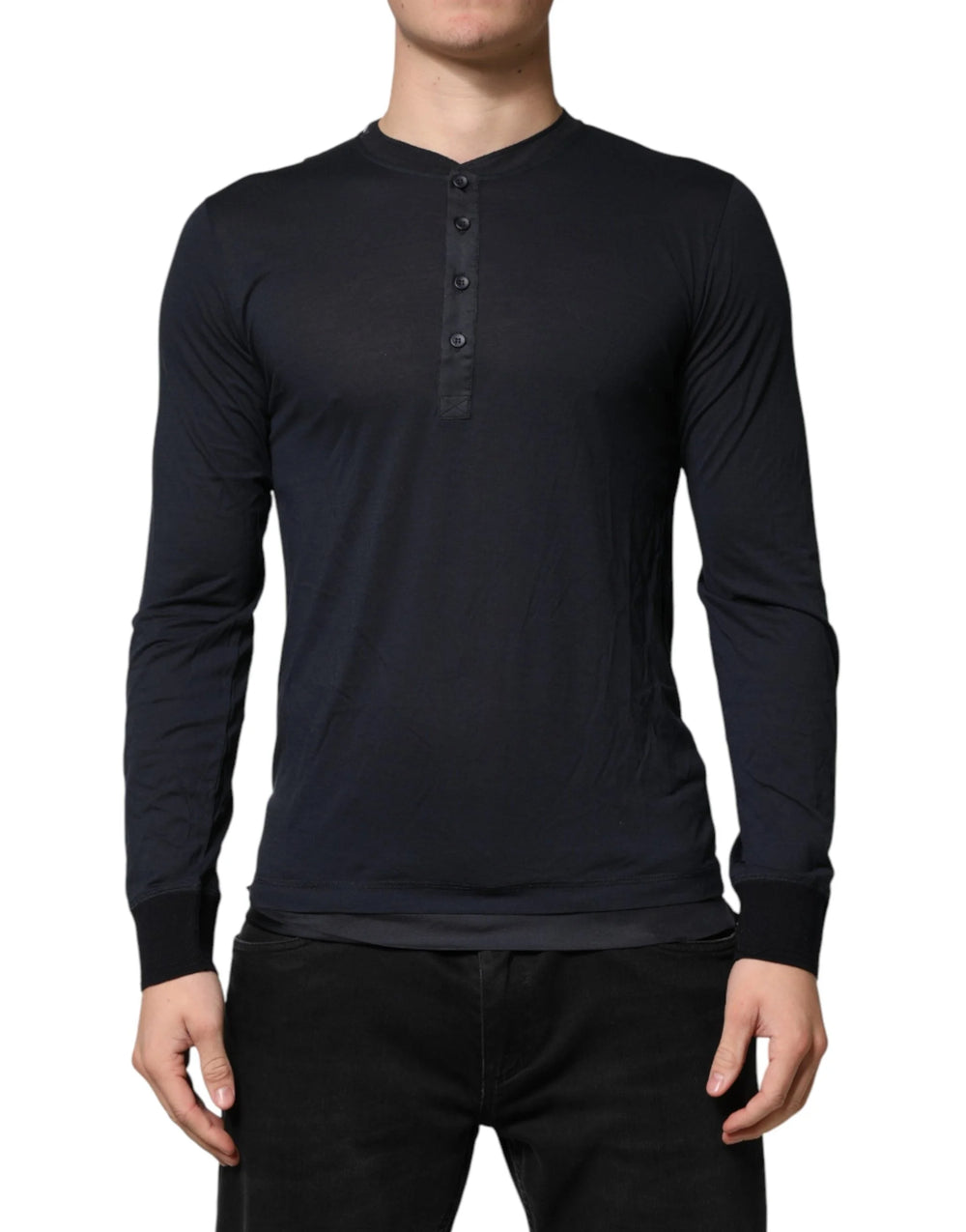 Dolce & Gabbana Dark Blue Cotton Henley Long Sleeves T-Shirt - IT46 | S
