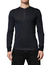 Dolce & Gabbana Dark Blue Cotton Henley Long Sleeves T-Shirt - IT46 | S