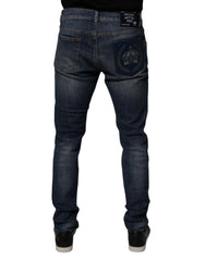 Dolce & Gabbana Dark Blue Cotton Leather Skinny Denim Jeans - IT50 | L - Jeans