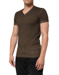 Dolce & Gabbana Dark Brown Cotton Tattered Logo Men T-shirt - IT44 | XS - T-Shirts
