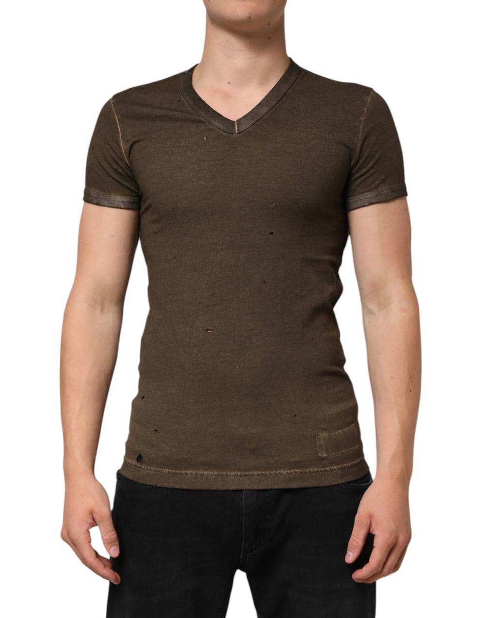 Dolce & Gabbana Dark Brown Cotton Tattered Logo Men T-shirt - IT44 | XS - T-Shirts