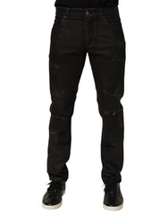 Dolce & Gabbana Dark Brown Tattered Cotton Skinny Denim Jeans - IT48 | M - Jeans