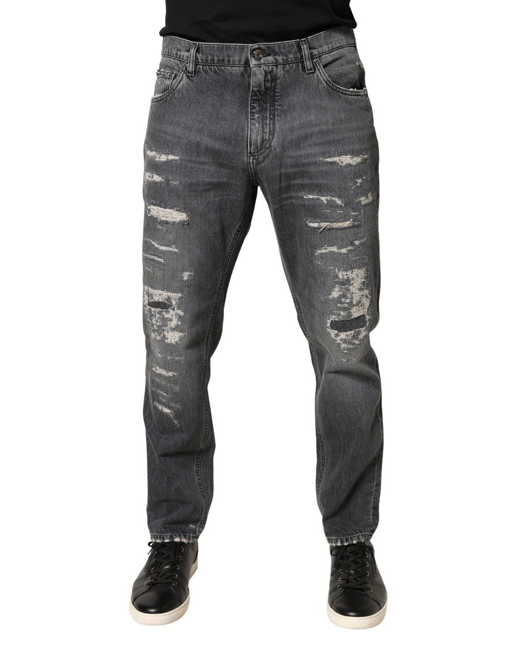 Dolce & Gabbana Dark Gray Tattered Cotton Loose Denim Jeans