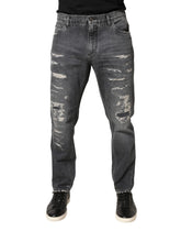 Dolce & Gabbana Dark Gray Tattered Cotton Loose Denim Jeans