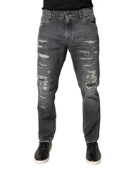 Dolce & Gabbana Dark Gray Tattered Cotton Loose Denim Jeans