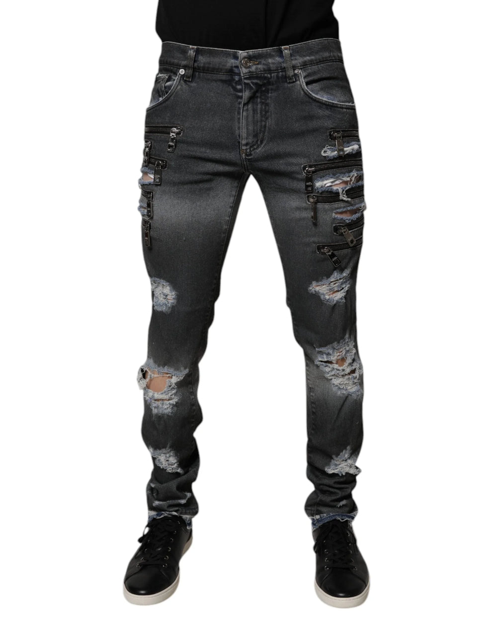 Dolce & Gabbana Dark Gray Tattered Cotton Skinny Denim Jeans - IT48 | M - Jeans