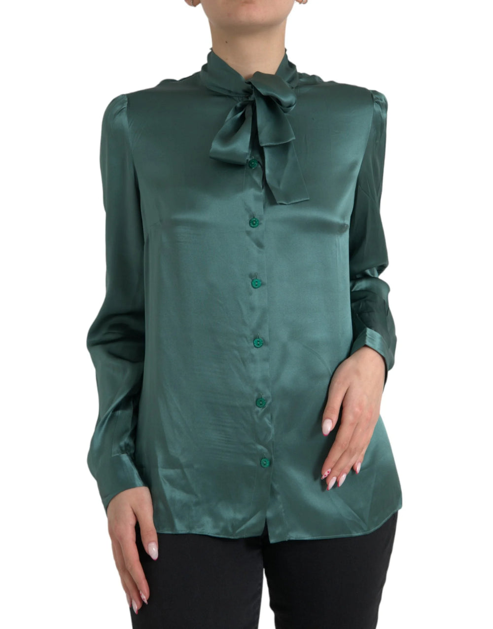 Dolce & Gabbana Dark Green Silk Ascot Collar Blouse Top - IT46|XL - Blouses