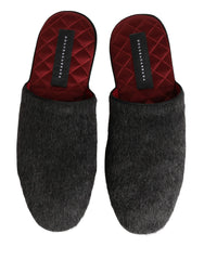 Dolce & Gabbana Dark Grey Charcoal Wool Red Slippers Shoes