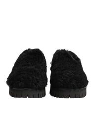Dolce & Gabbana Dress Black Fur Leather Slippers Men Shoes - Slippers