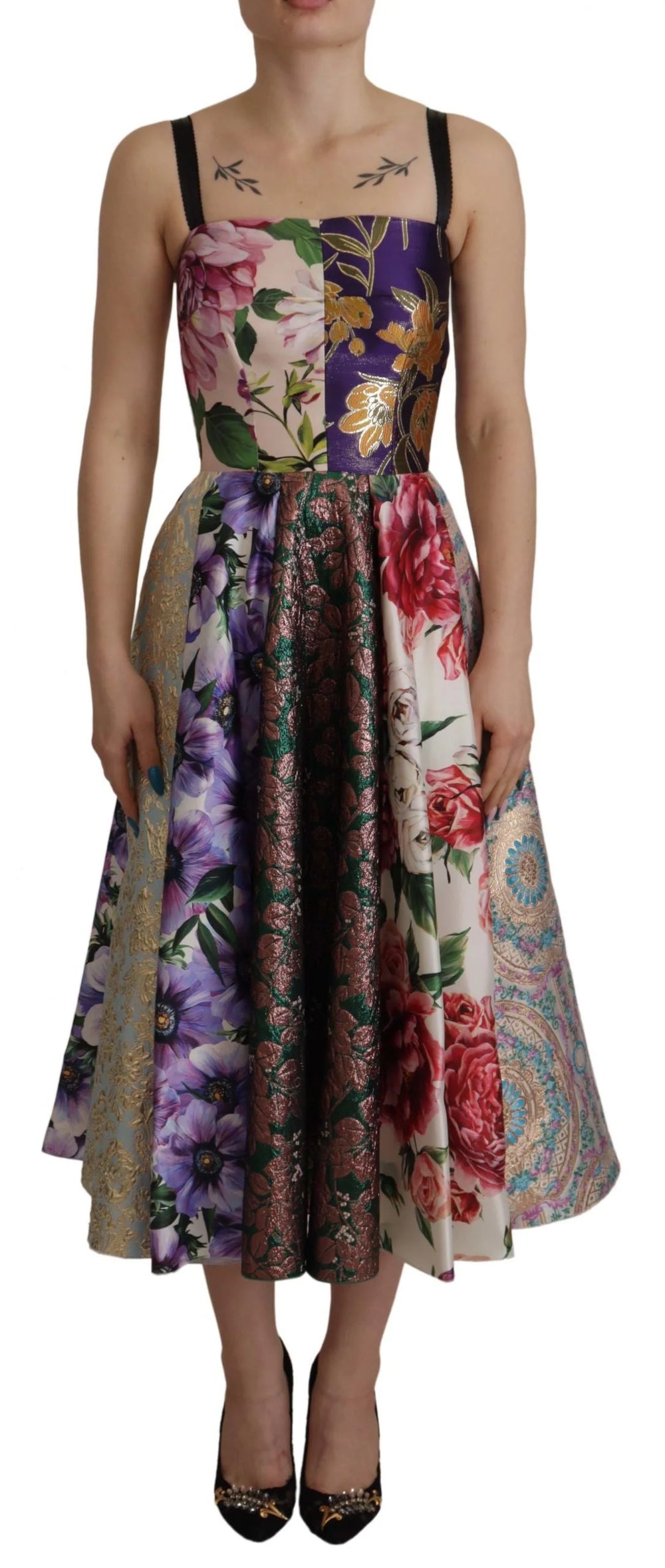 Dolce & Gabbana Dress Midi Patchwork Floral Jaquard Silk - Dresses