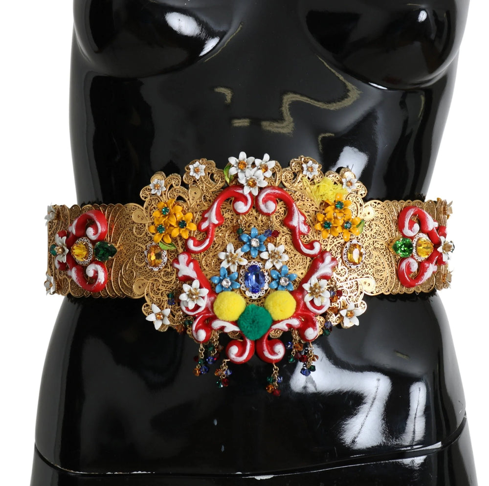 Dolce & Gabbana Embellished Floral Crystal Wide Waist Golden Belt - IT42|M - Belts
