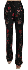 Dolce & Gabbana Floral Print Black Boot Cut Trouser Pants - Trousers