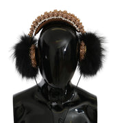 Dolce & Gabbana Gold Black Crystal Fur Headset Audio Headphones - Headsets