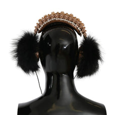 Dolce & Gabbana Gold Black Crystal Fur Headset Audio Headphones - Headsets