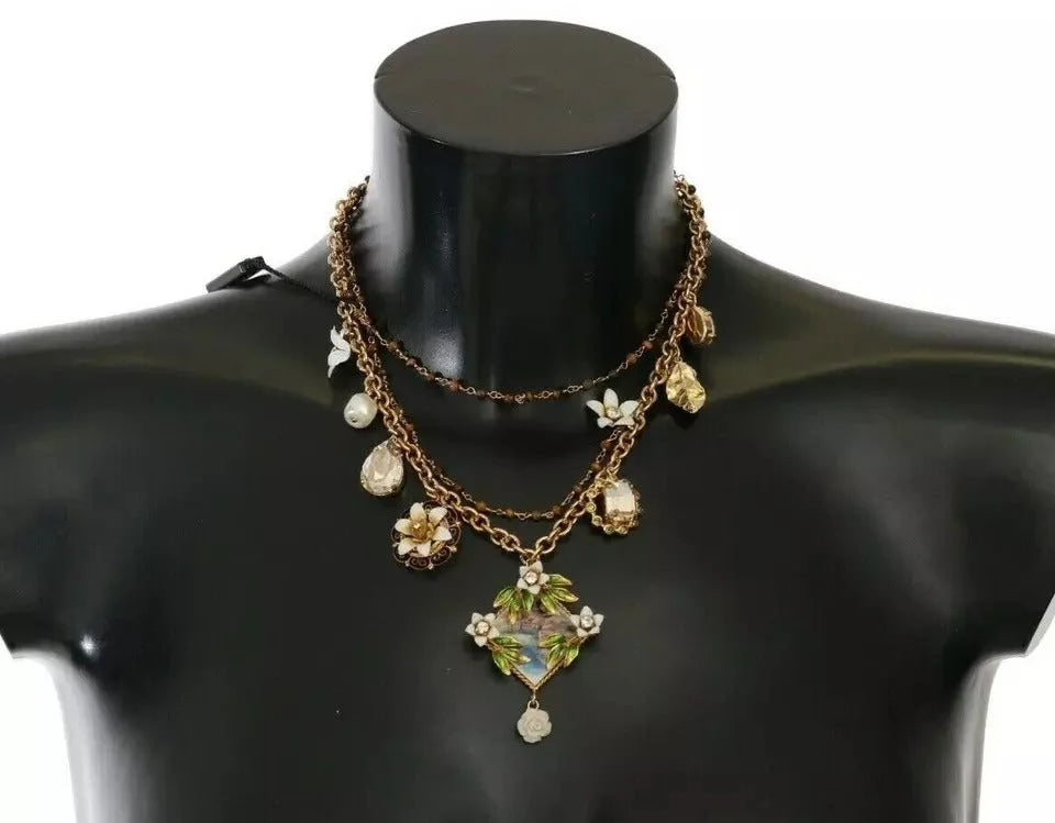 Dolce & Gabbana Gold Brass Crystal Floral Statement Charms Necklace - Necklaces