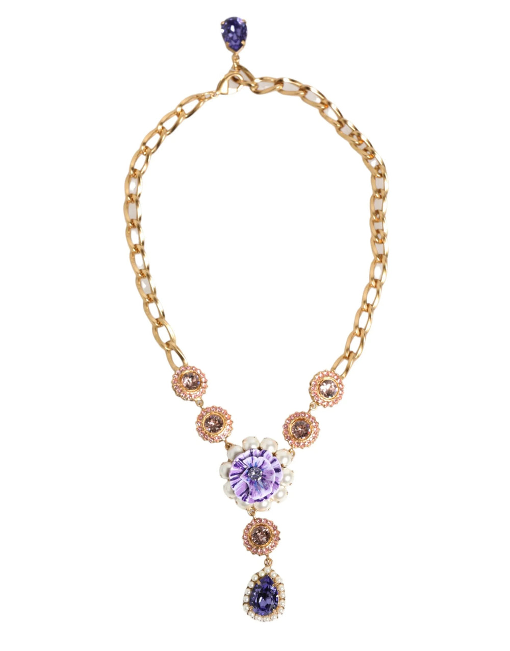 Dolce & Gabbana Gold Brass Crystal Pearl Purple Floral Pendant Jewelry Necklace - Necklaces