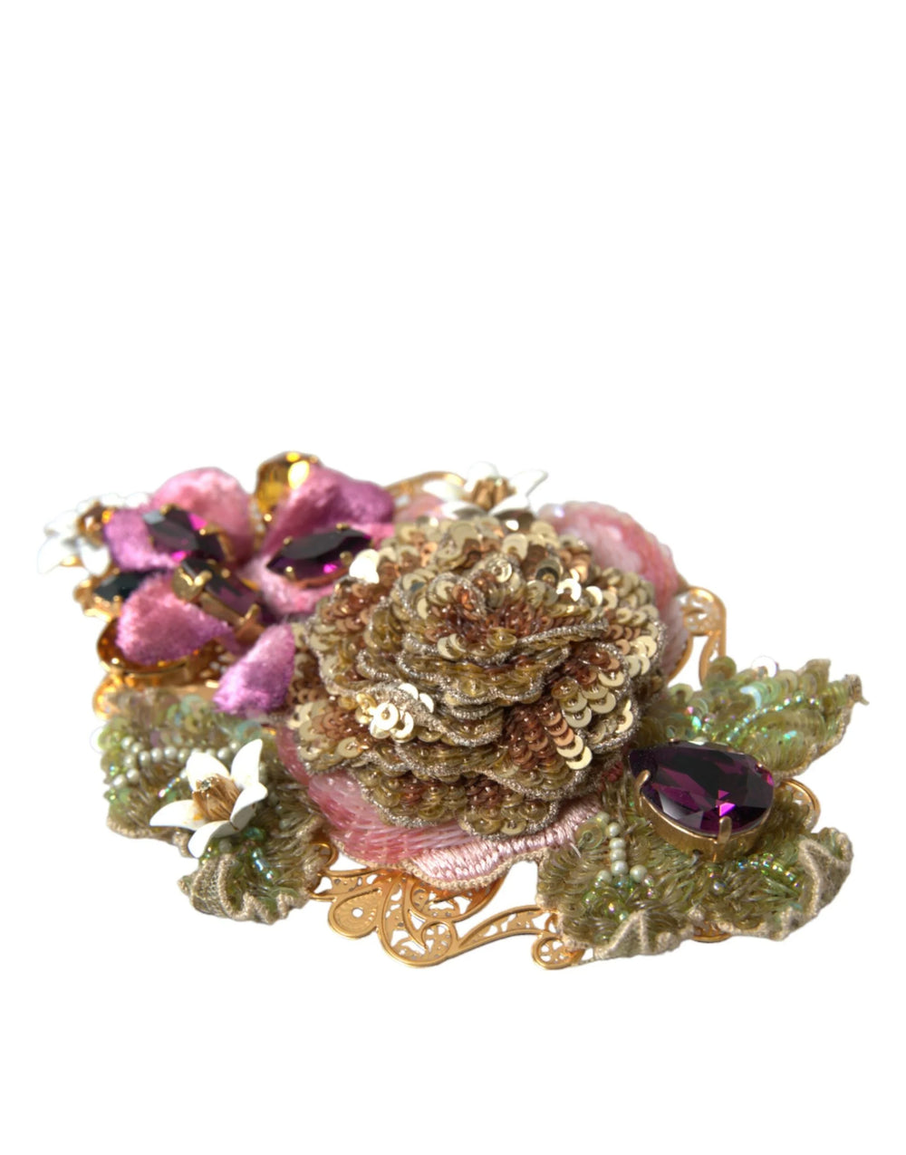 Dolce & Gabbana Gold Brass Floral Crystal Sequined Hair Clip - Hair Pins Claws & Clips