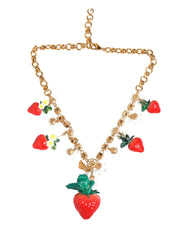 Dolce & Gabbana Gold Brass FRUIT Pendants Flowers Crystal Logo Necklace